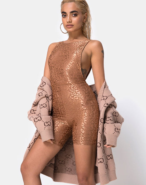 Acro Unitard in Leopard Sheen Net Caramel