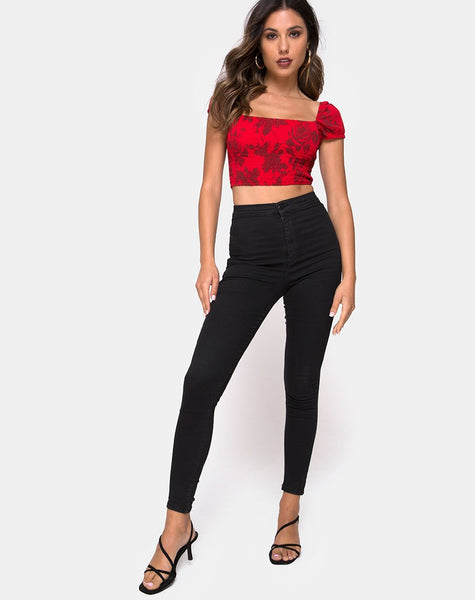 Alya Crop Top in Tonal Floral Red