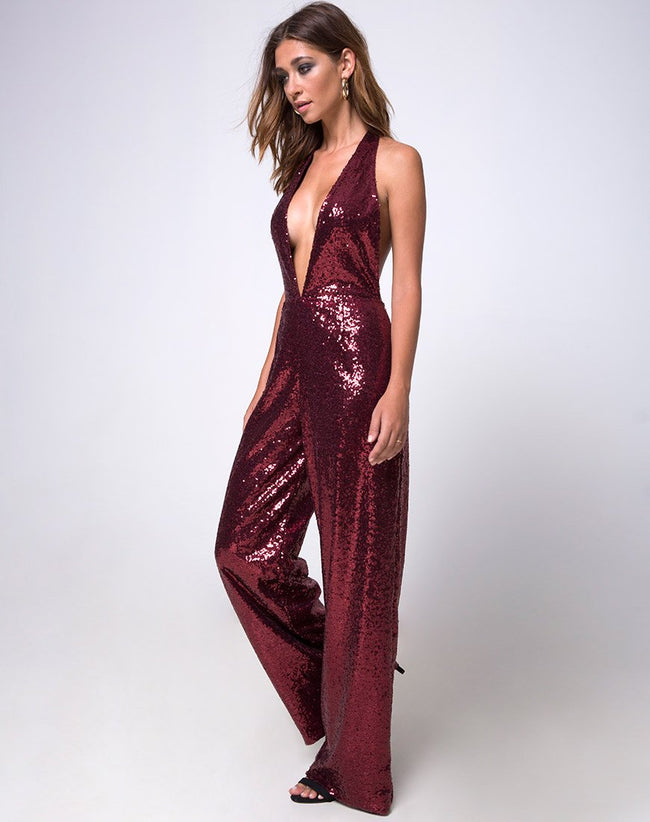 Amber Wide Leg Jumpsuit in Mini Sequin Burgundy