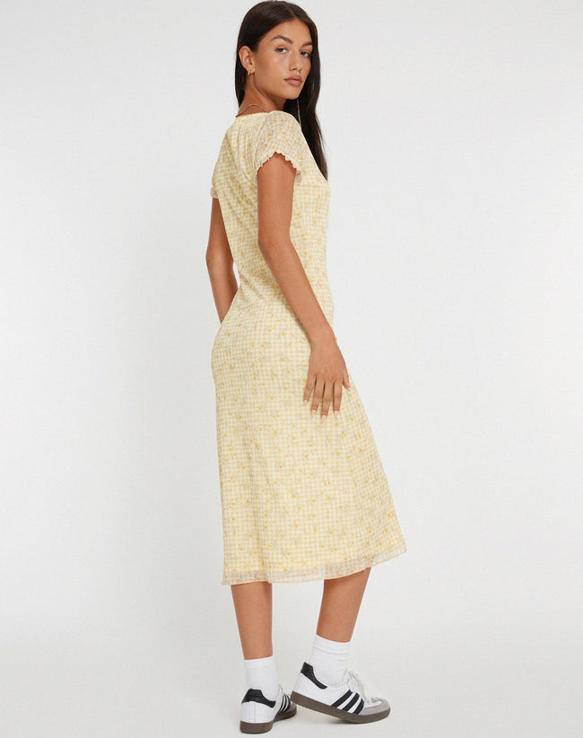 image of Aroha Midi Dress in Gingham Floral Yellow