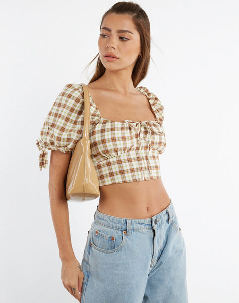 image of MOTEL X JACQUIE Auri Crop Top in Yellow Brown Check