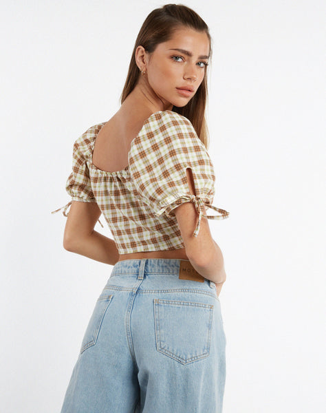 image of MOTEL X JACQUIE Auri Crop Top in Yellow Brown Check