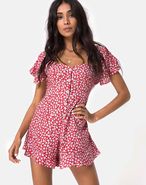 Bae Playsuit in Ditsy Rose Red and Silver