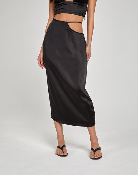 image of Gardy Midi Skirt in Satin Black