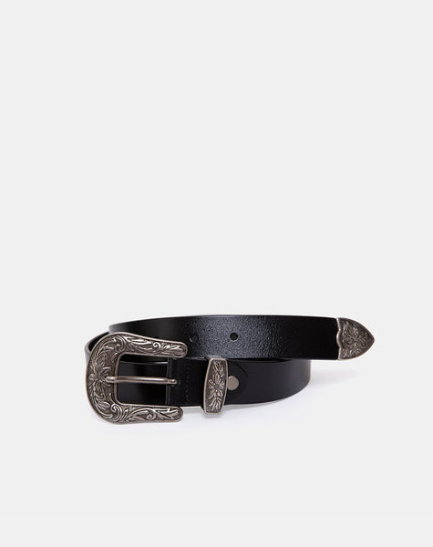 Black Vintage Western Belt with Silver Buckle