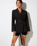 Image of Belted Blazer in Pinstripe Black