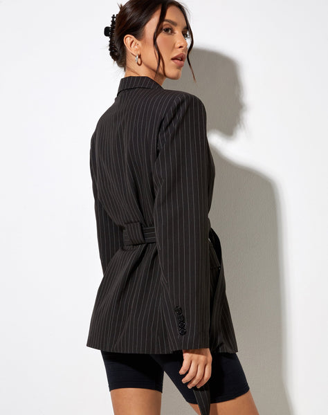 Image of Belted Blazer in Pinstripe Black