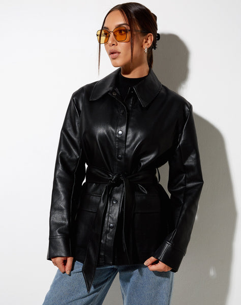 Belted Jacket in PU Black