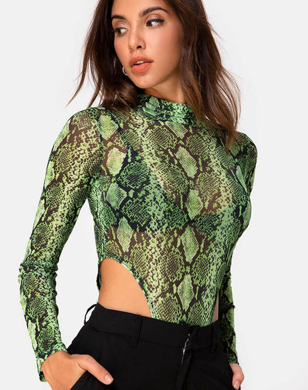 Yecal Bodice in Lime Mesh with Black Animal Flocking