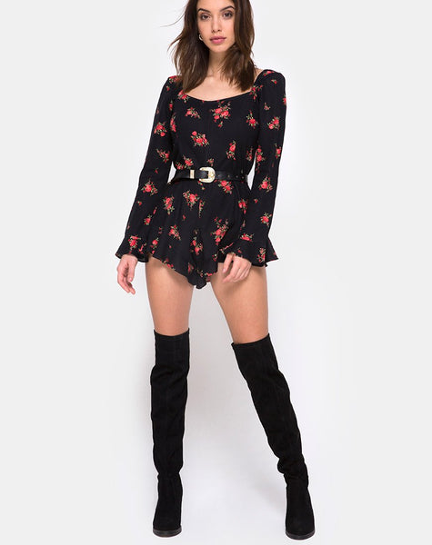 Berlo Longsleeve Playsuit in Soi Rose Black and Red