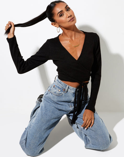 Bianca Wrap Top in Rib Black