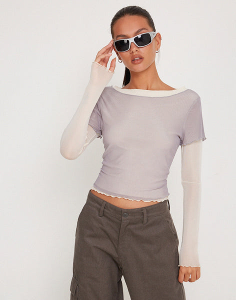 Image of Bidara Mesh Long Sleeve Layered Top in Light Grey and Ivory