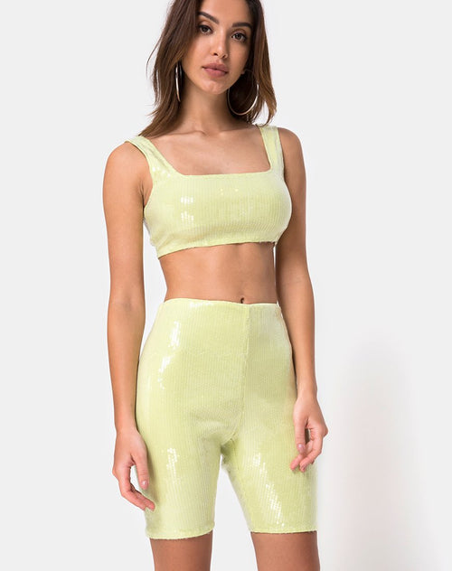 Bike Short in Pistachio Green with Clear Sequins