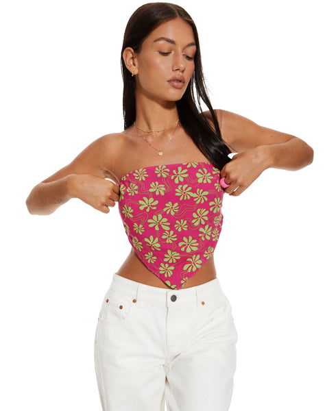 image of MOTEL X BARBARA Iryas Crop Top in 90s Beachy Floral Hot Pink