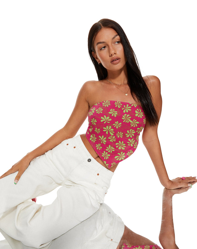 image of MOTEL X BARBARA Iryas Crop Top in 90s Beachy Floral Hot Pink