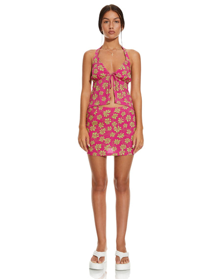 MOTEL X BARBARA Iryas Crop Top in 90s Beachy Floral Hot Pink