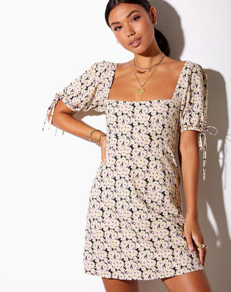 Lonma Mini Dress in Jungle Flower Blue Cream