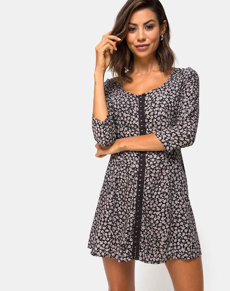 Camisa Swing Dress in Ditsy Rose Black