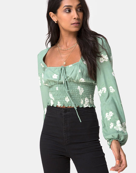 Bina Long sleeve Top in Satin Ditsy Rose Sage