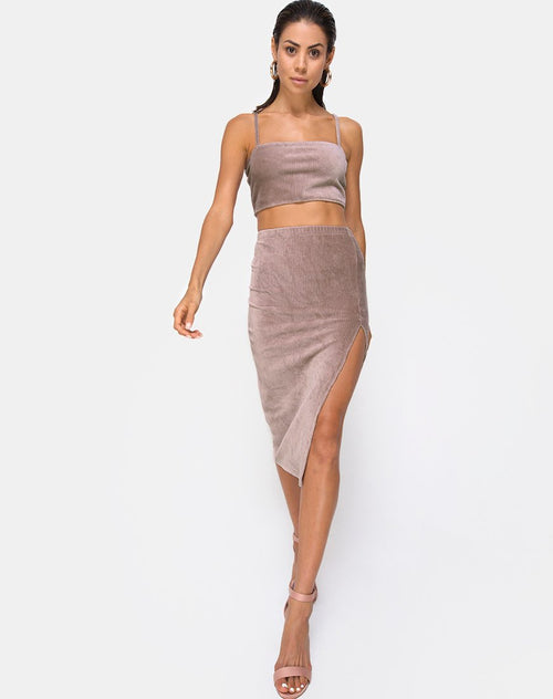 Midi Cheri Split Skirt in Rib Taupe