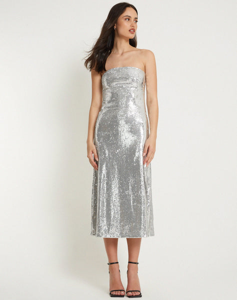 Image of Cleosa Bandeau Maxi dress in Silver Chrome