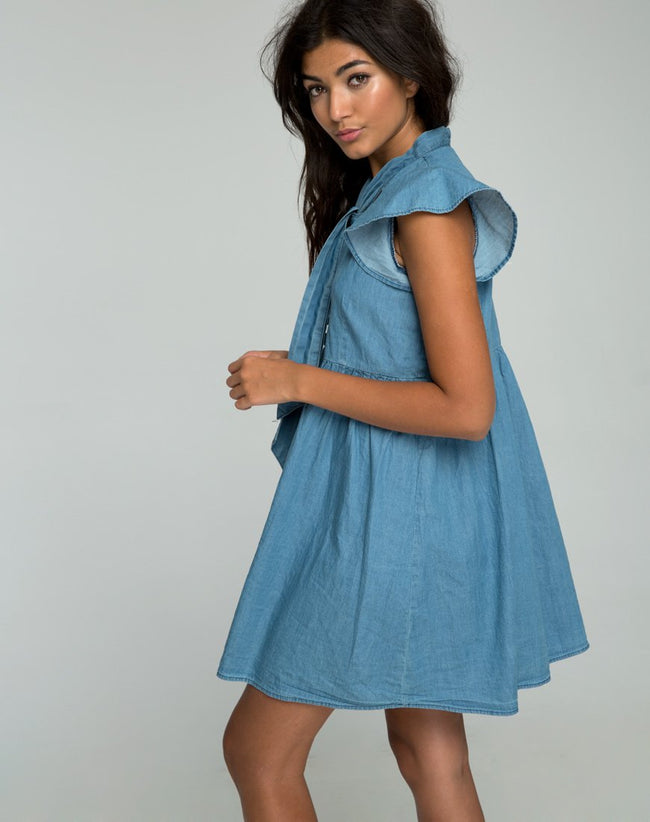 Cloten Babydoll Dress in Summer Wash Denim Chambray