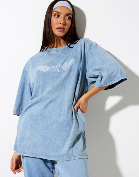 Cocoon Tee in Washed Blue 'Angel Energy' Wings