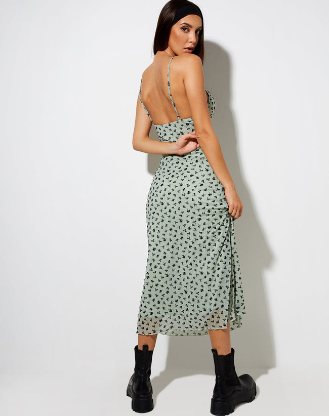 Image of Cotina Midi Dress in Sage Flower Buds Black Flock