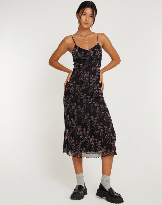 image of Cotina Midi Dress in Butterfly Vine Flock Black and Pink