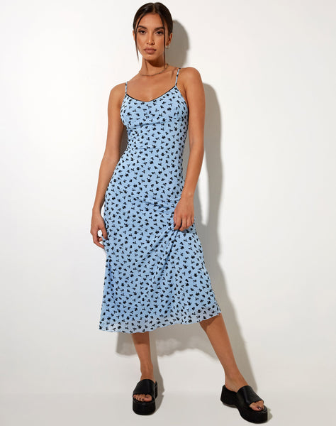 Image of Cotina Midi Dress in Blue Flower Buds Black Flock