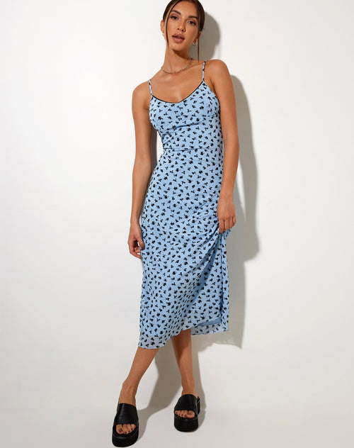 Image of Cotina Midi Dress in Blue Flower Buds Black Flock