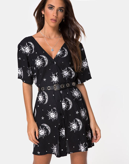 Crosena Swing Dress in Sun Moon Stars BW