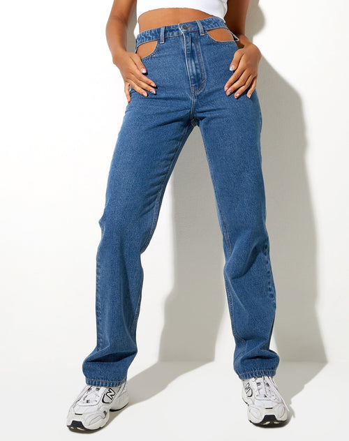 Image of Cut Out Straight Leg Jean in Mid Wash