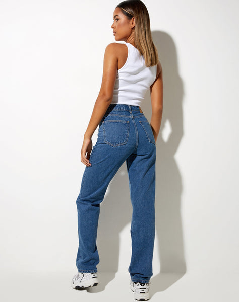 Image of Cut Out Straight Leg Jean in Mid Wash