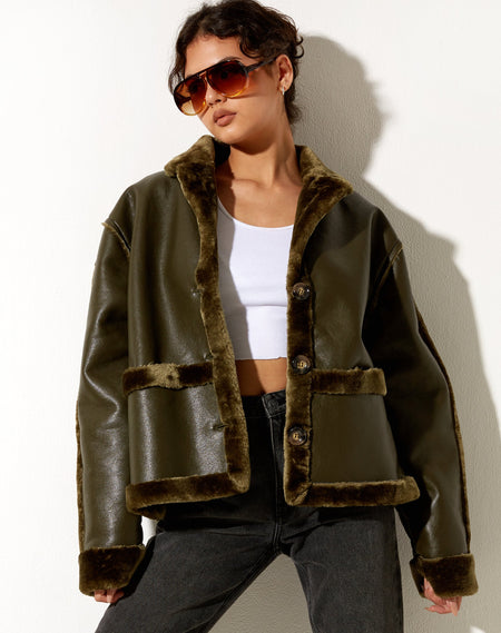 Joji Crop Faux Fur Jacket in Brown Leopard