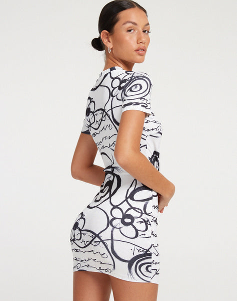 image of Dahara Mini Dress in Mono Doodle Black and White