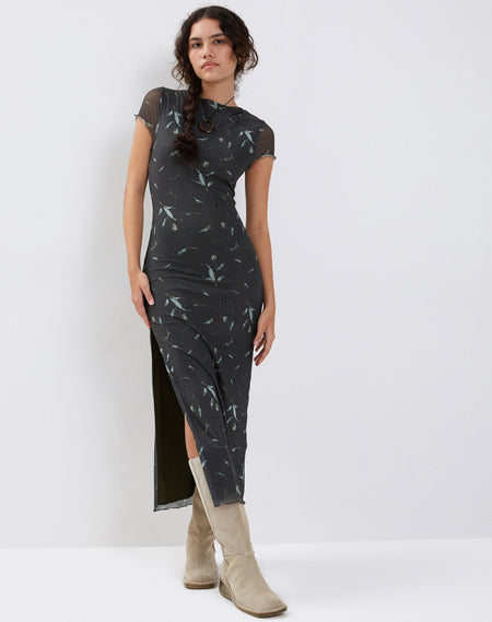 Vilinia Midi Dress in Abstract Botanic Dark Olive