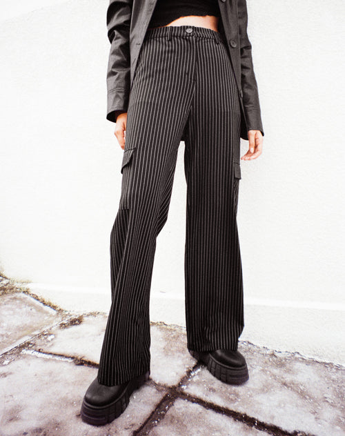 image of Abba Cargo Trouser in Pinstripe Black