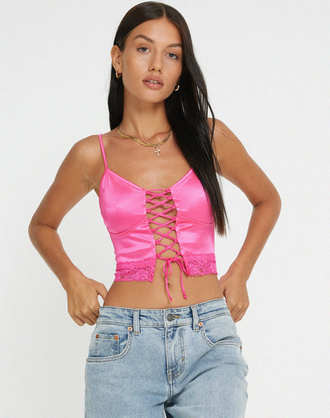 image of Datuk Crop Top in Satin Hot Pink