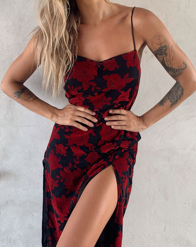 Daxita Dress in Romantic Red Rose Flock