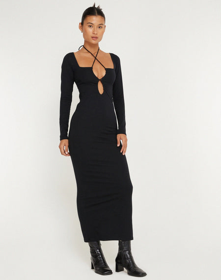 Asmala Halterneck Maxi Dress and Sleeve Set in Black Mesh