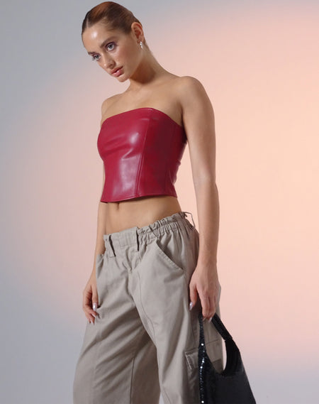 Nelly Cropped Corset Top in Burgundy with Ecru Stitch Detail