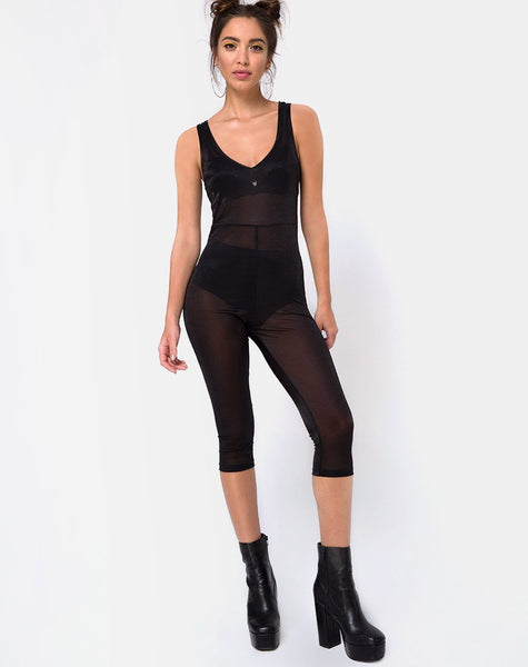 Devile Unitard in Sheer Mesh Black