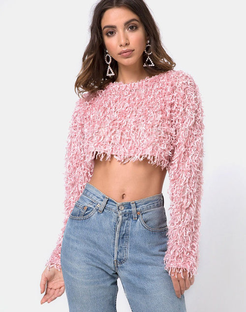 Diabla Crop Jumper in Shaggy Knit Sugar Pink