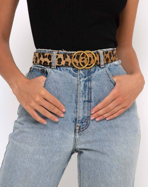 Leopard Leather Belt with Round Buckle