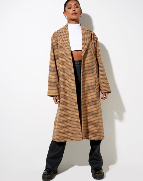 Image of Duster Coat in Houndstooth Brown Check