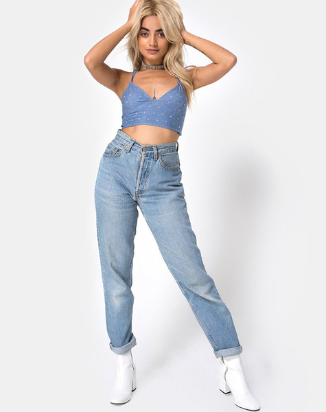 Dyla Crop Top in Blue Denim Hot Fix