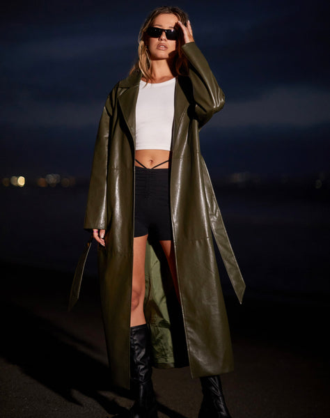 Image of Ejo Trench Coat in PU Dark Olive