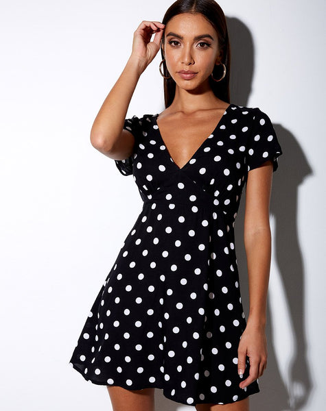 Elara Dress in 80's Polka Black