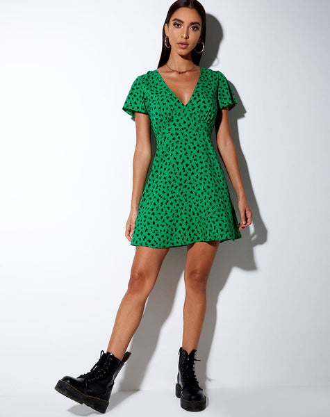 Elara Tea Dress in Dainty Daisy Green